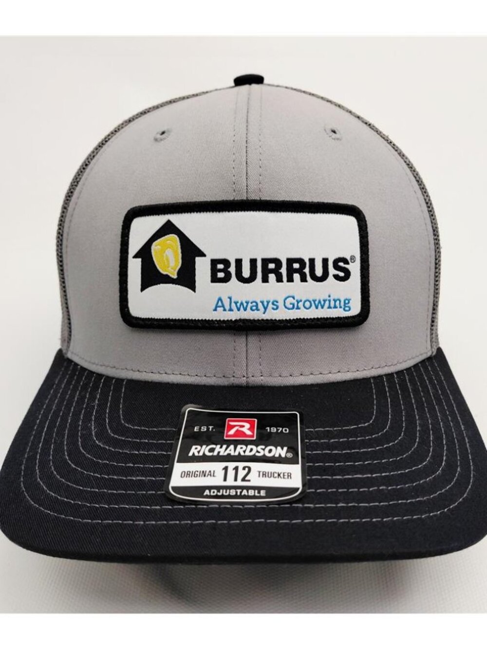Burrus Seed Richardson 112 Trucker Hat Custom Sewn Patch Cap Gray White USA Retr